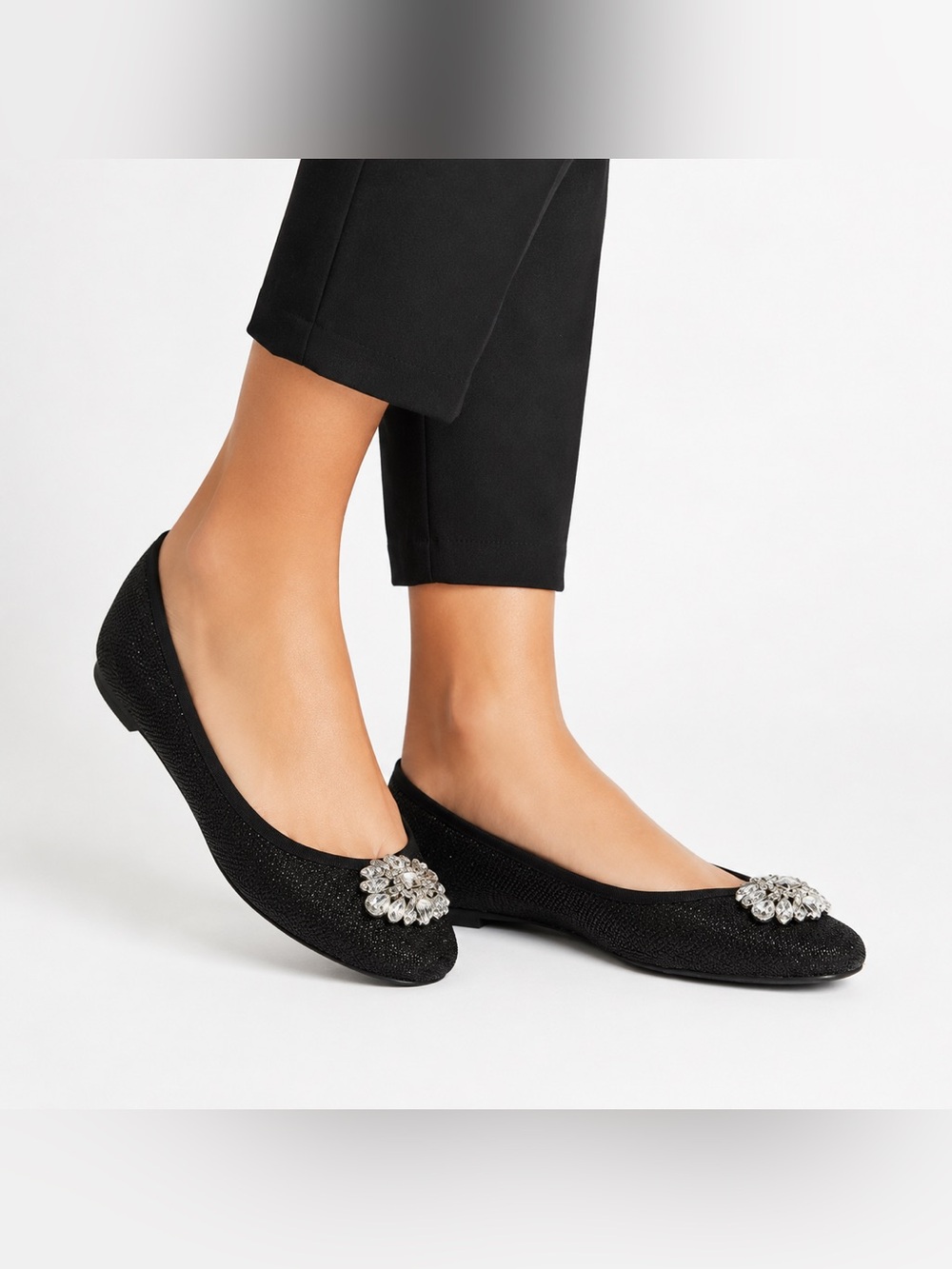 Belle Badgley Mischka Black Crystal Embellished Ballet Flats Sparkle Slip-On